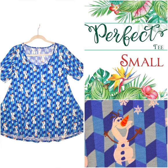 LuLaRoe Disney Frozen Perfect T Small Olaf Snowman Blue White Winter Holiday Top - Picture 9 of 9